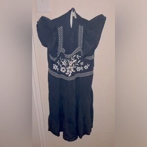 Dark blue Dress with White Floral Embroidery